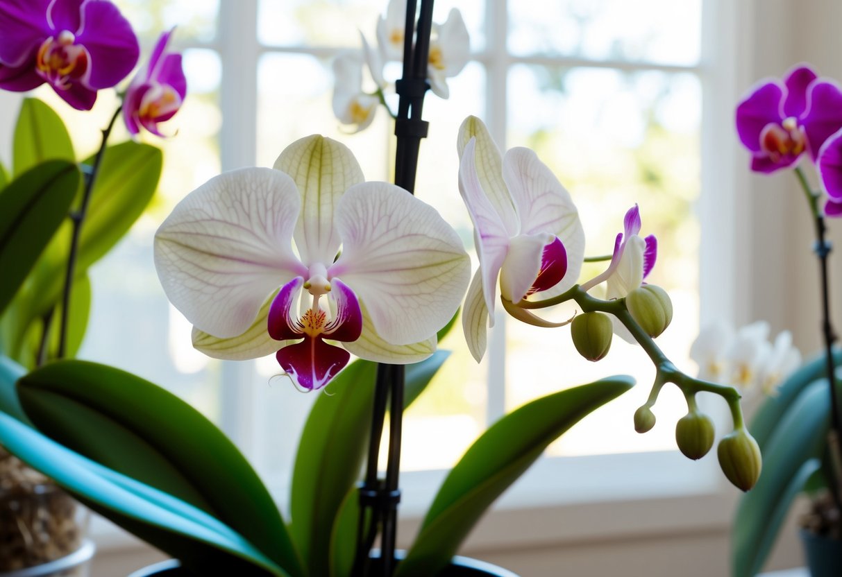 A delicate orchid wilting in a sunlit room, surrounded by thriving, vibrant blooms