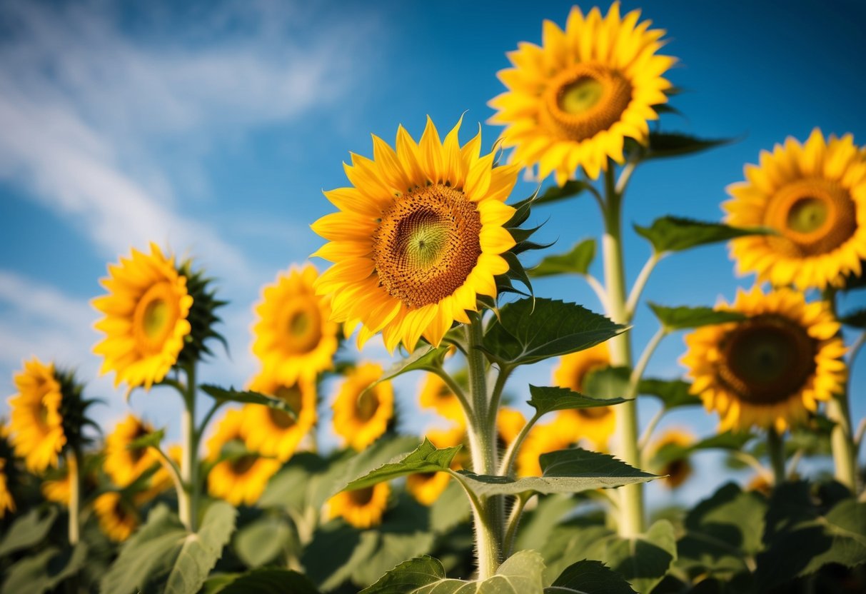 A field of bright sunflowers reaching towards the sky, their golden petals glowing in the sunlight