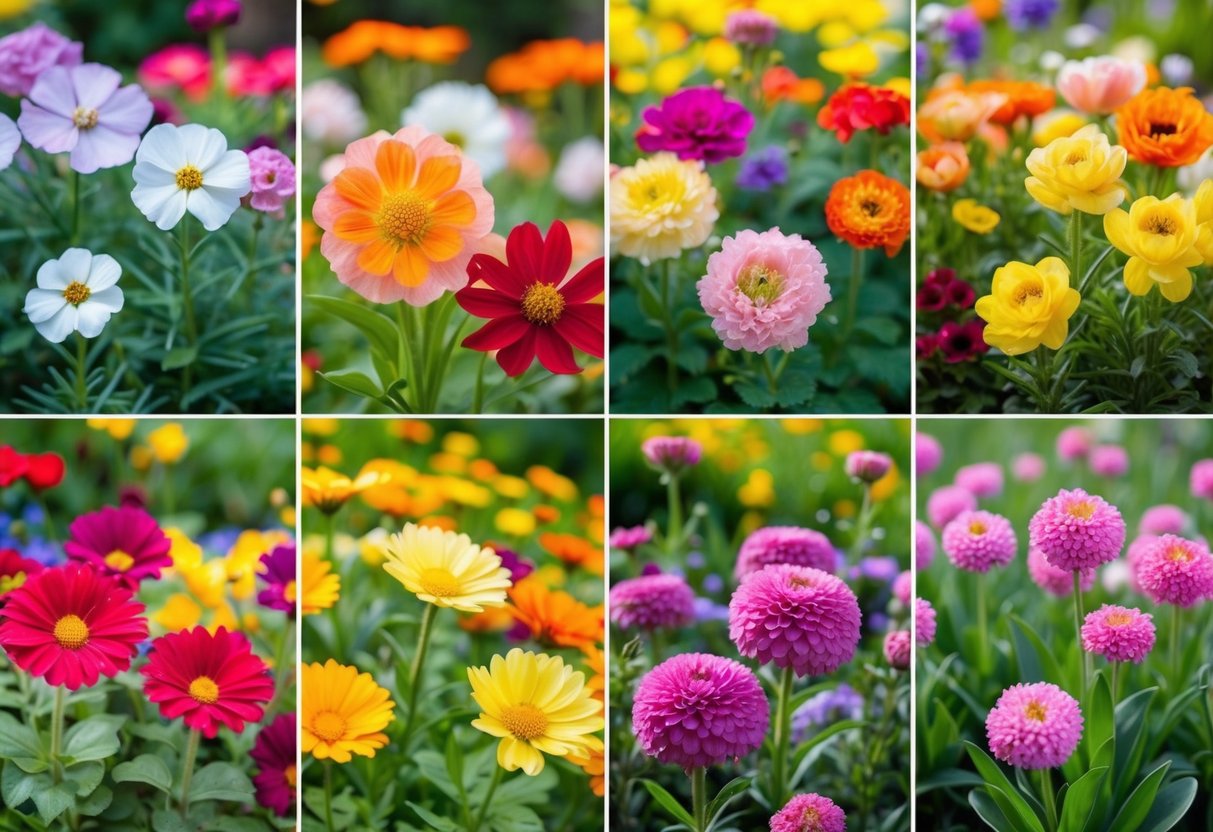 A garden with a variety of flowers blooming in different colors and sizes, representing all four seasons