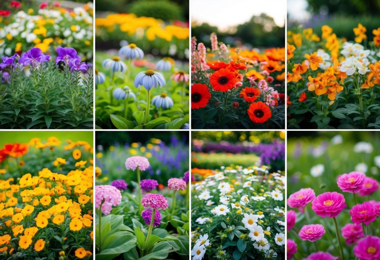 A garden with a variety of flowers blooming in different colors and sizes throughout all four seasons