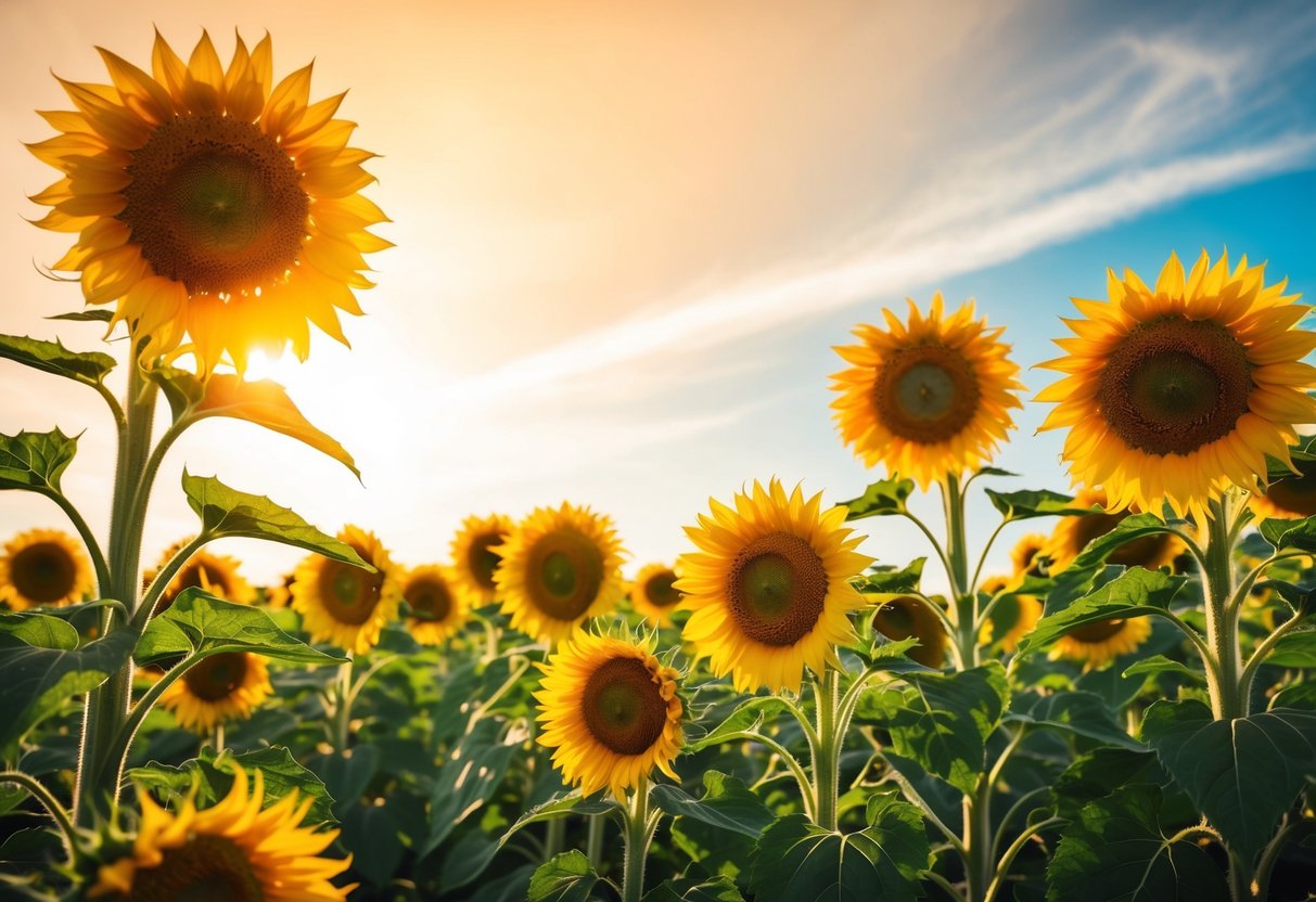 A vibrant field of sunflowers basking in the warm sunlight, their bright yellow petals reaching towards the sky in a joyful display of natural beauty