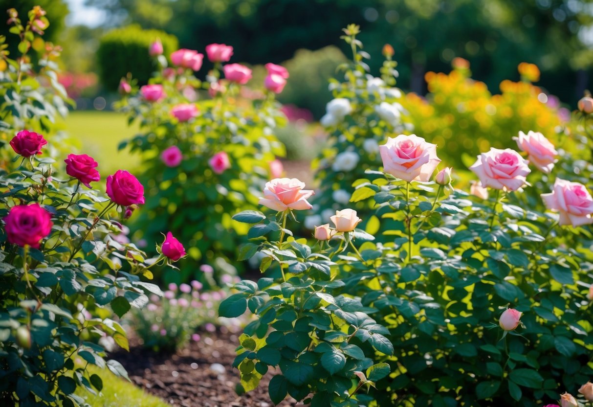 A vibrant garden showcasing a variety of healthy and robust rose bushes, thriving in different soil and light conditions