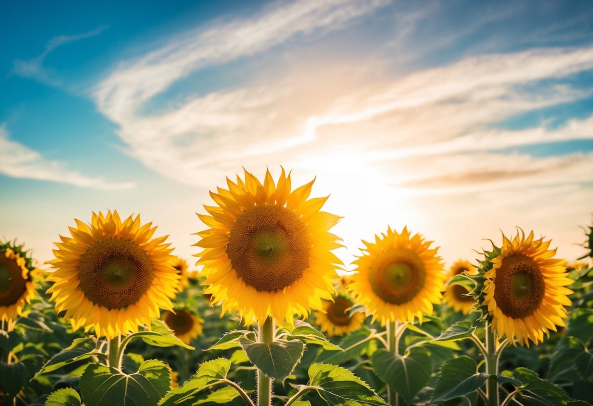 A vibrant field of sunflowers basking in the golden sunlight, their bright yellow petals reaching towards the sky in a display of pure joy