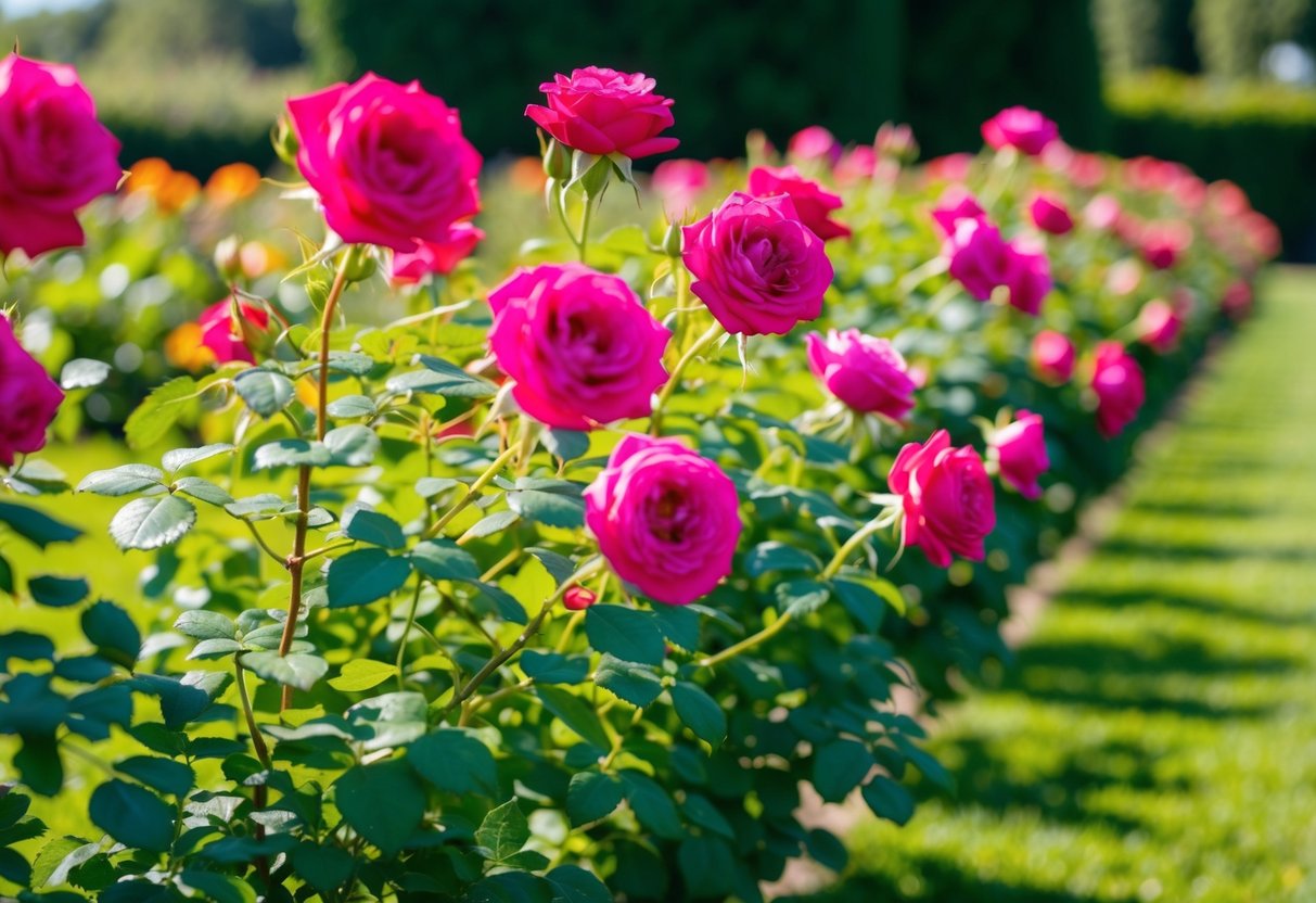 A sunny garden with rows of vibrant, low-maintenance roses in full bloom