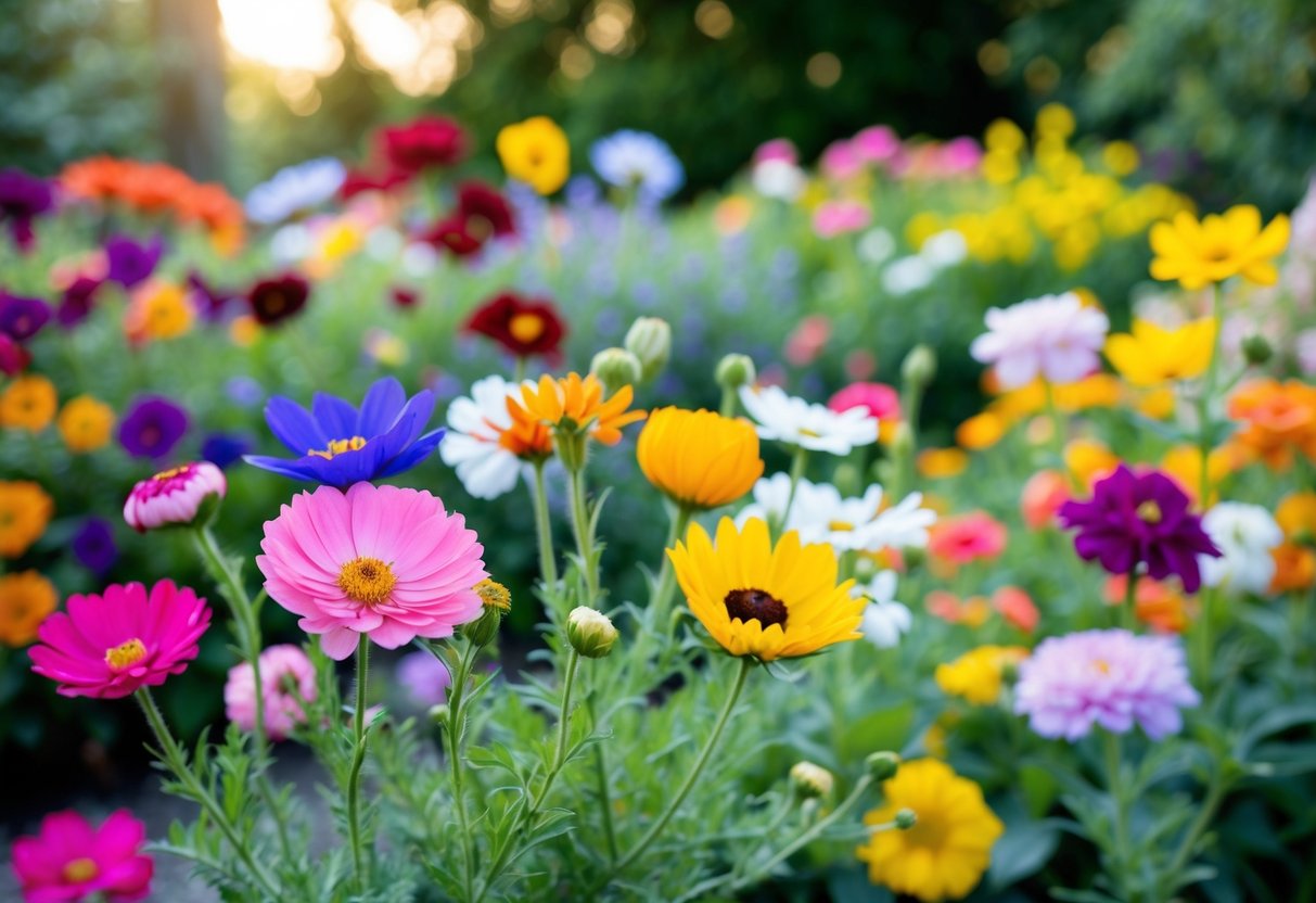 A garden with a variety of flowers in bloom, showcasing different colors and shapes throughout the year