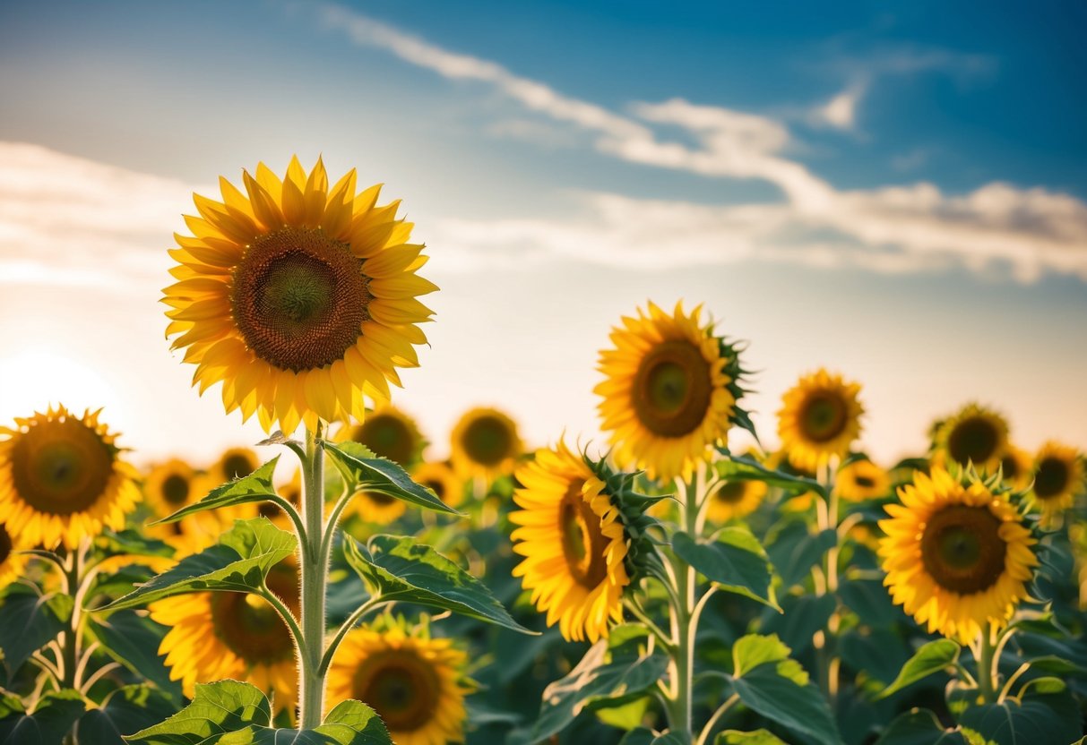 A field of sunflowers basking in the golden sunlight, their vibrant yellow petals radiating joy and happiness