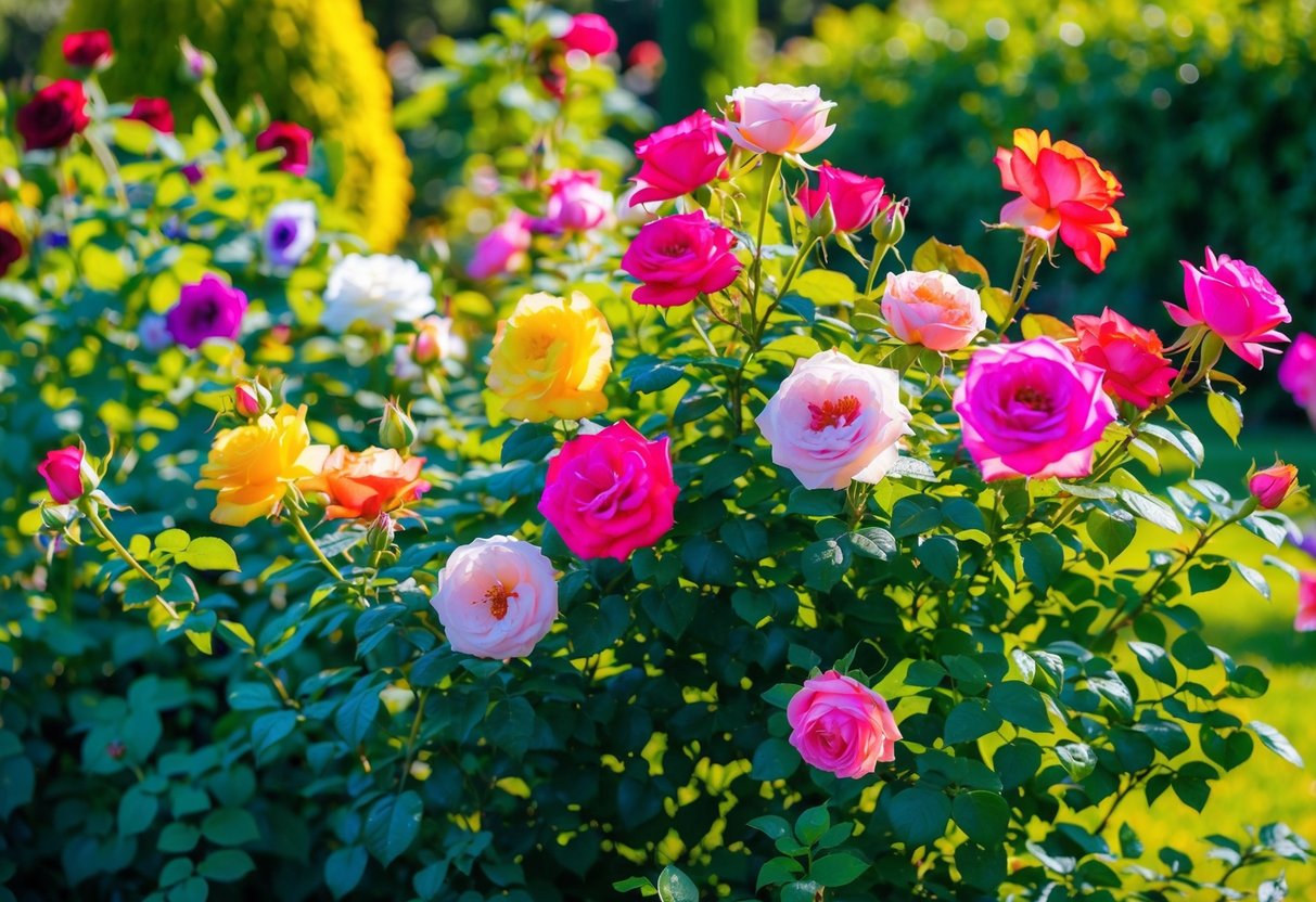 A lush garden filled with vibrant, easy-to-grow roses in various colors and sizes, thriving in the sunlight