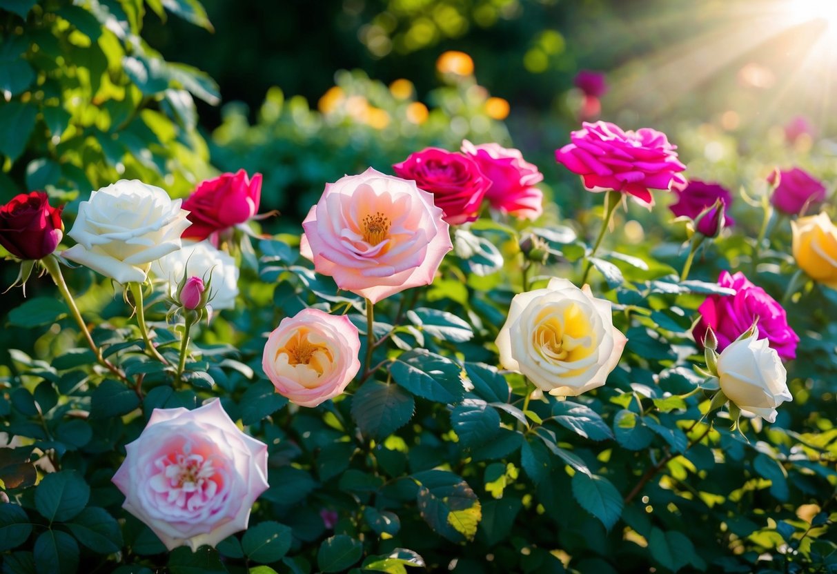 A variety of roses in full bloom, showcasing different colors and sizes, surrounded by lush green foliage and bathed in sunlight