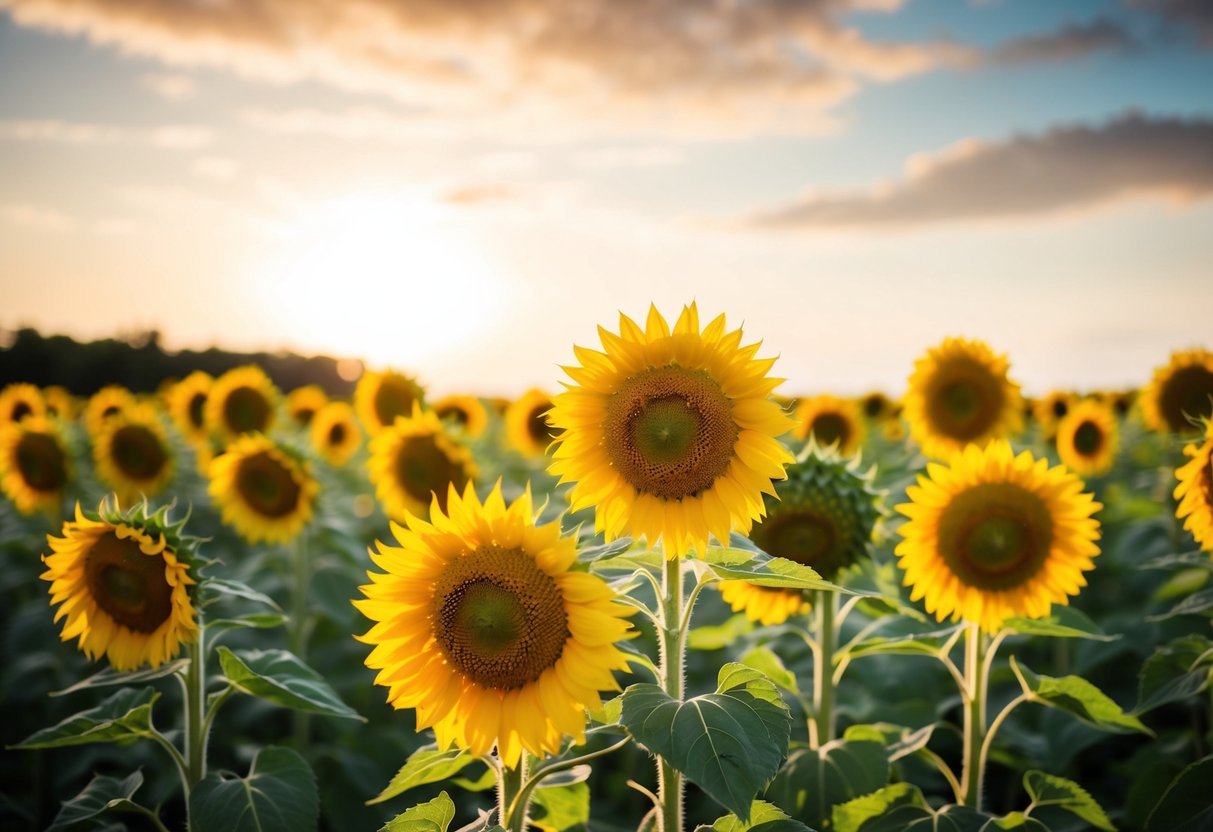 A field of sunflowers basking in the warm sunlight, their bright yellow petals turned towards the sky in joyful exuberance