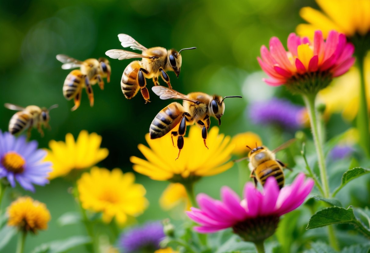 Bees buzzing around a colorful garden, avoiding pesticides and enjoying the nectar of flowers