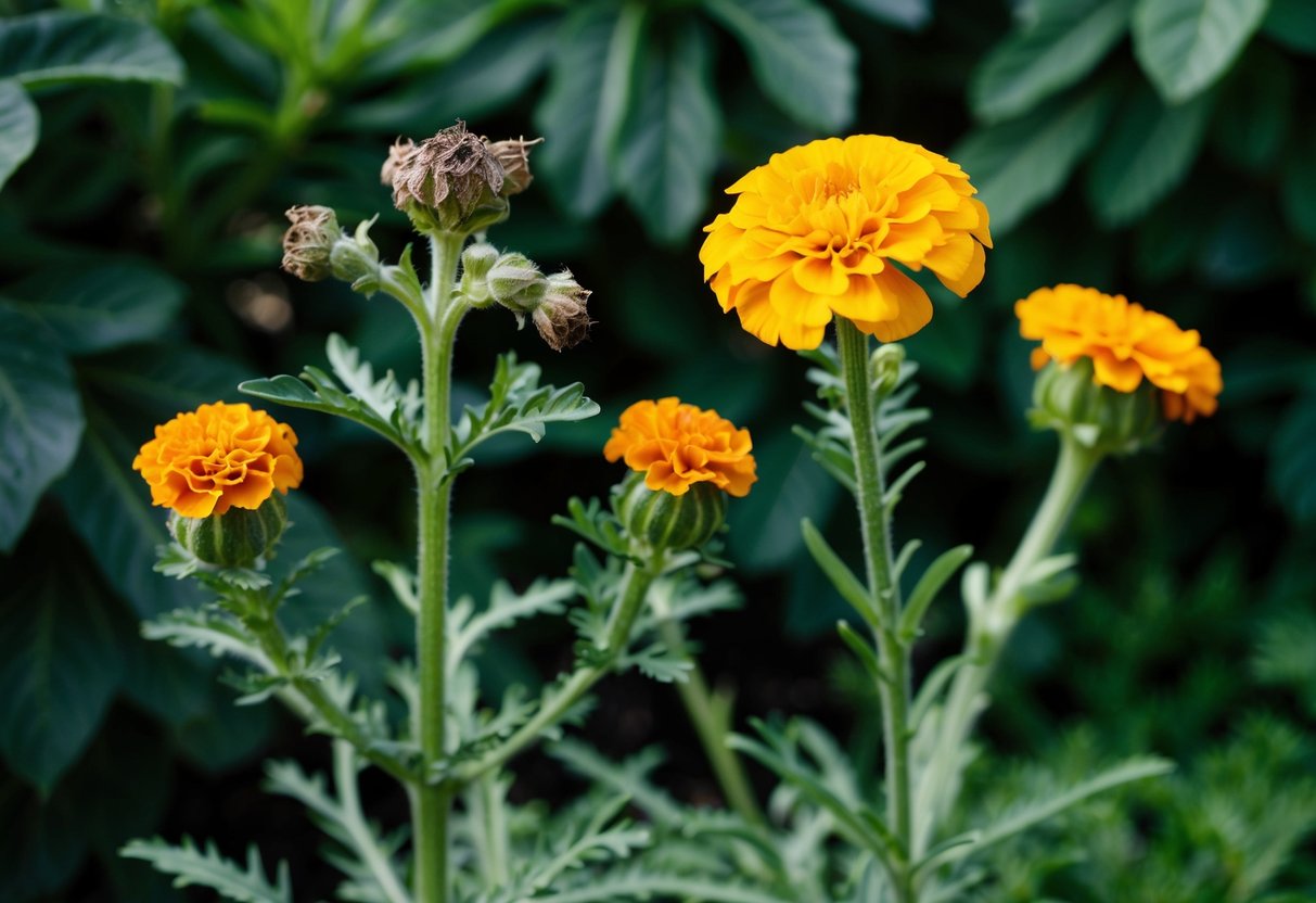 A pair of marigold plants, one with spent flowers and one with freshly deadheaded blooms, set against a backdrop of lush green foliage