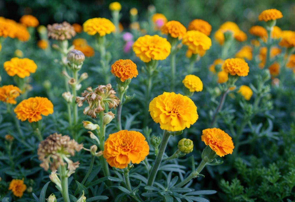 Vibrant marigold blooms in various stages of growth, some with withered petals, others freshly blooming, surrounded by lush green foliage