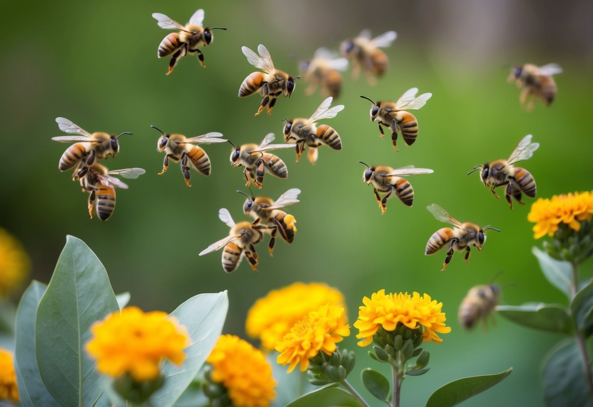 A swarm of bees avoiding citrus fruits, eucalyptus leaves, and marigold flowers