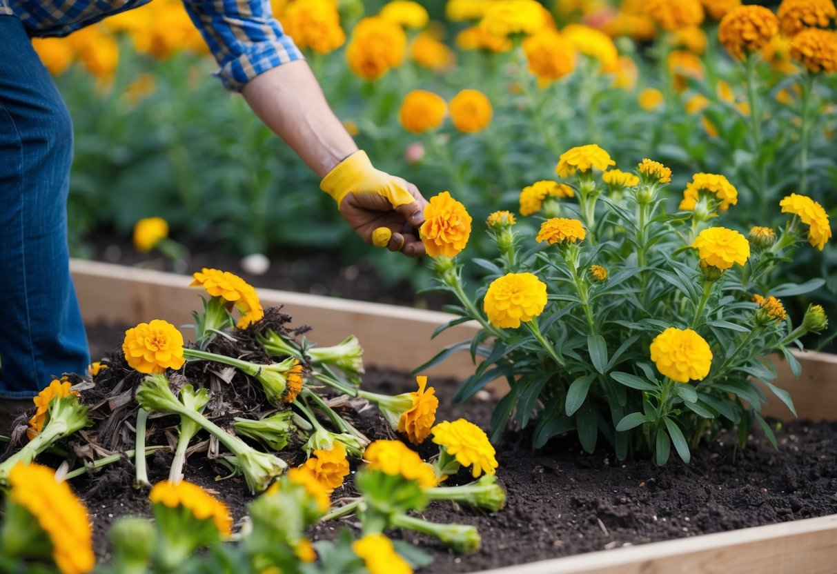 A gardener removing spent marigold blooms from a vibrant garden bed, with a pile of deadheaded flowers nearby