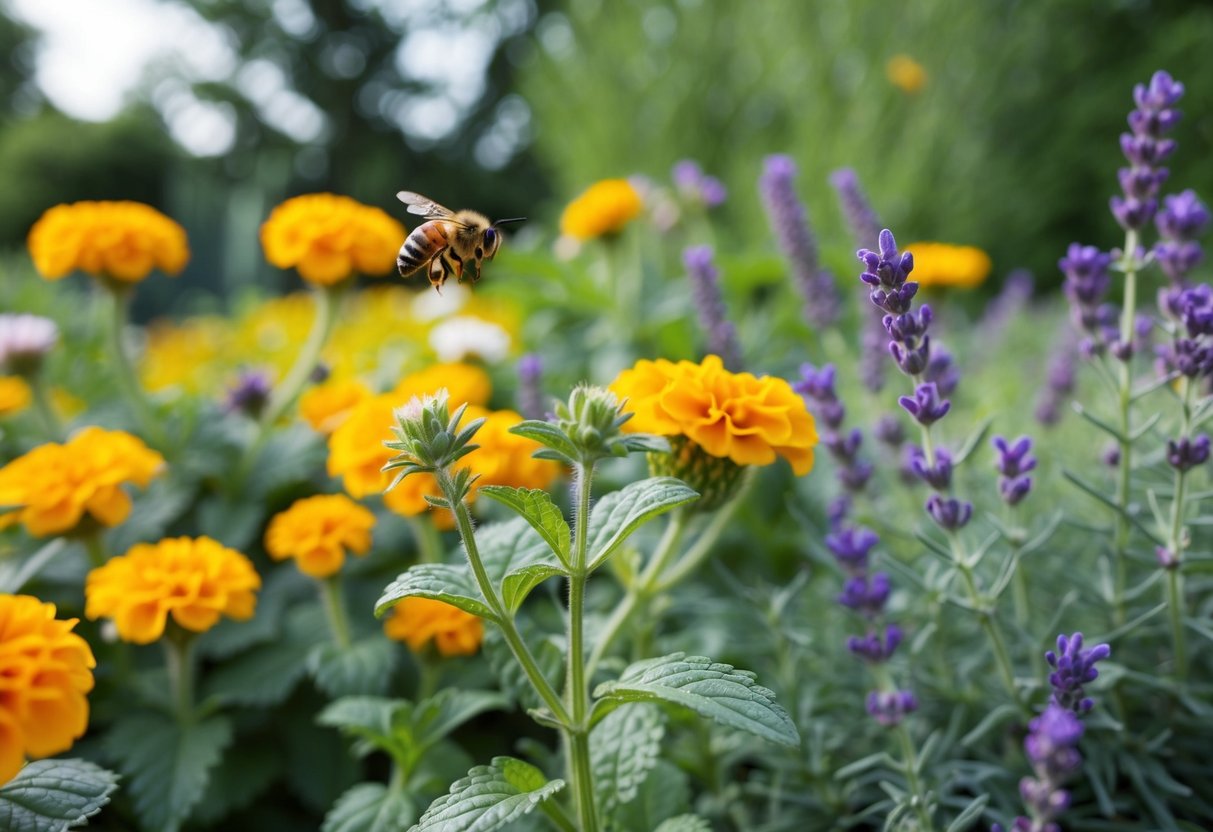 A garden with marigolds, mint, and lavender. Bees avoid the area due to the strong scents and lack of their preferred nectar sources