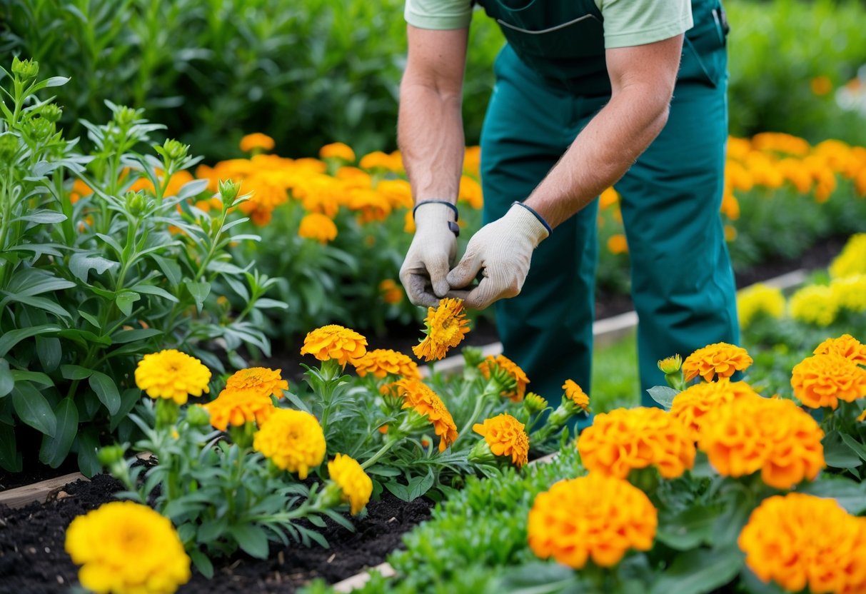 A gardener carefully removes spent marigold blooms from a vibrant garden bed, surrounded by lush green foliage and bright orange and yellow flowers