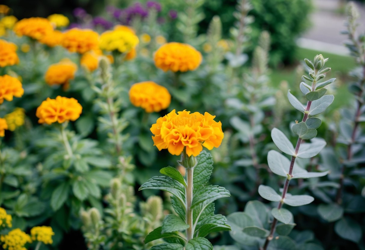 A garden with marigolds, mint, and eucalyptus plants. Bees avoid these strong-smelling plants