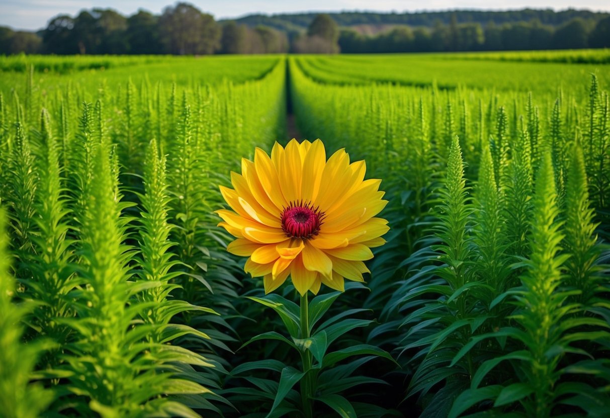 A vast field of towering, vibrant green plants surrounds a single enormous flower, its petals unfurling in a burst of color as it blooms once a year