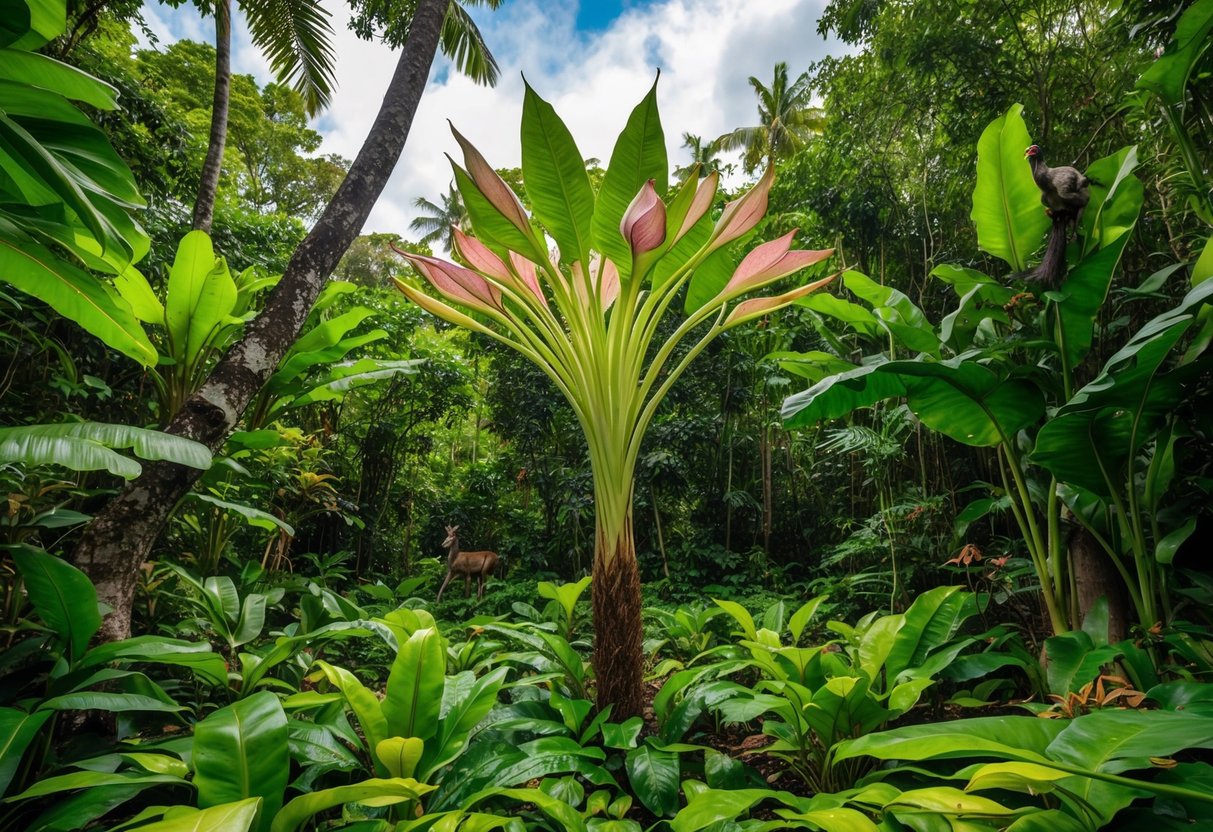 A lush jungle clearing with a towering, rare Rafflesia arnoldii in full bloom, surrounded by vibrant green foliage and curious wildlife