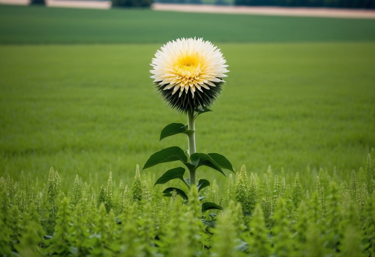 A vast field of greenery with a single towering plant, its enormous flower in full bloom, captivating the attention of onlookers