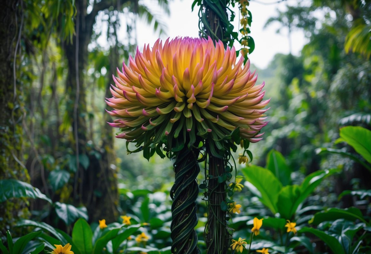 A massive, vibrant bloom sprouting from a tall, twisting vine in a dense jungle, surrounded by smaller, ordinary flowers