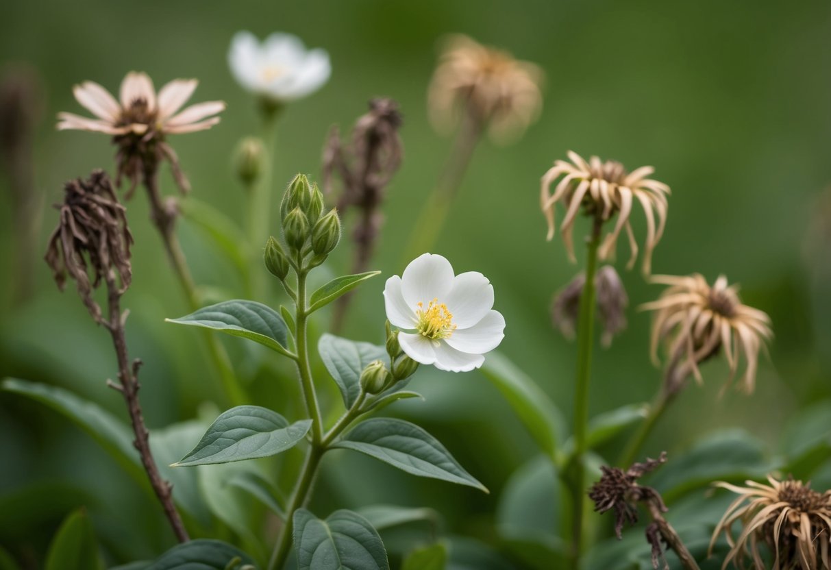 A lone monocarpic plant in full bloom, surrounded by withered and dying flowers, illustrating the life cycle of these plants