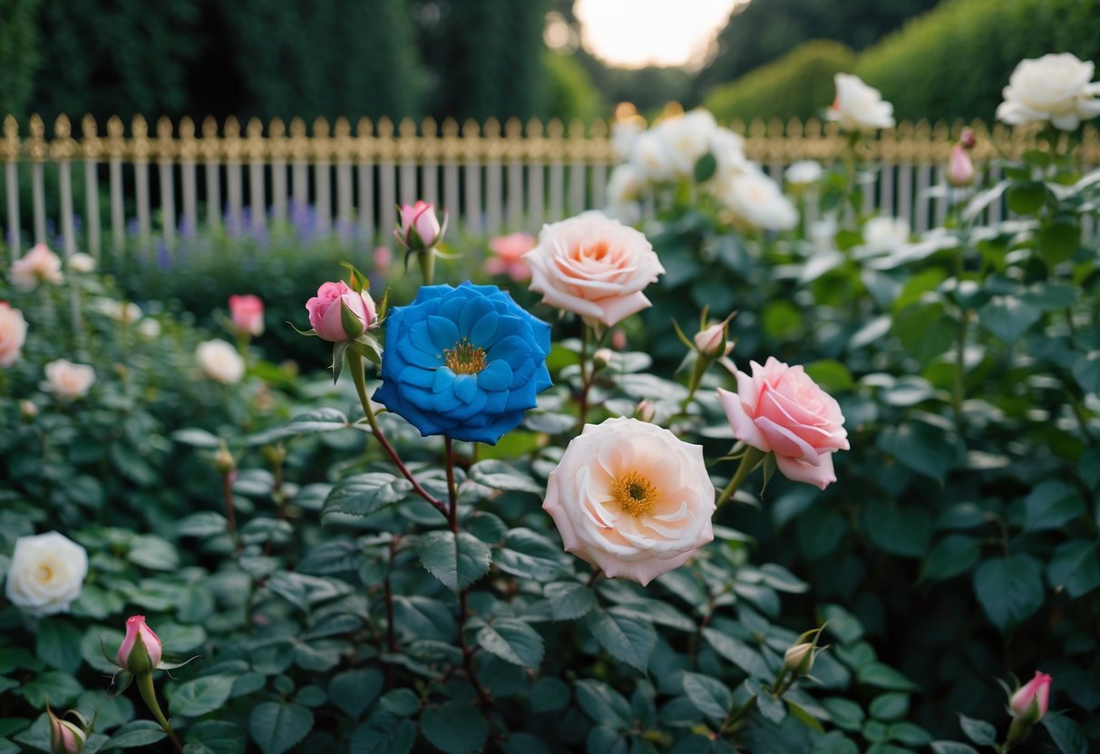 A lush garden with rare, opulent blooms like the blue diamond rose and Juliet rose, surrounded by a gilded fence