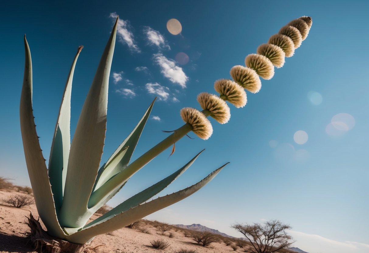 A tall Agave Americana plant with a towering flower stalk reaching towards the sky, surrounded by dry desert landscape