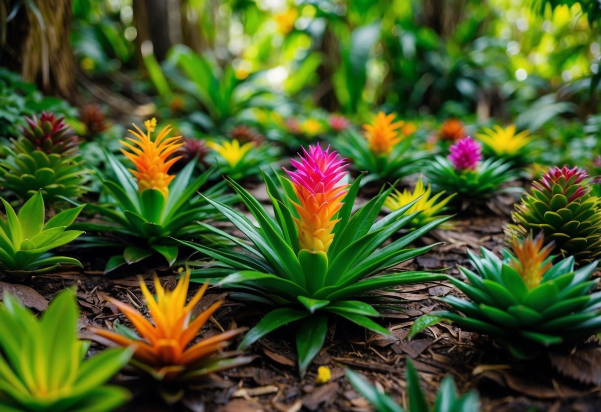 A lush rainforest floor with vibrant bromeliads in various shapes and colors, showcasing the beauty and diversity of these unique flowering plants