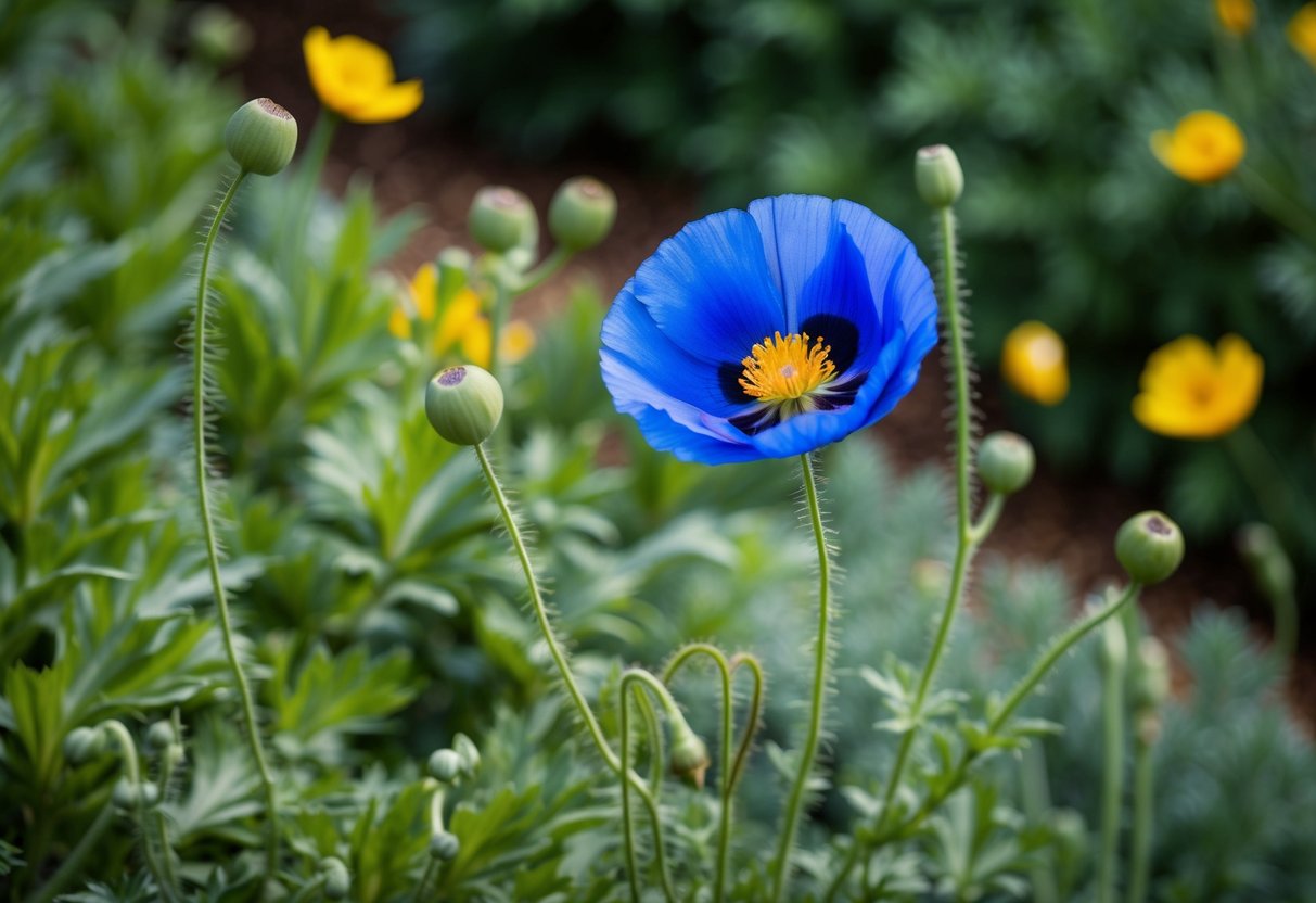 A vibrant and rare blue Himalayan poppy blooms in a meticulously tended garden, surrounded by lush green foliage and delicate tendrils