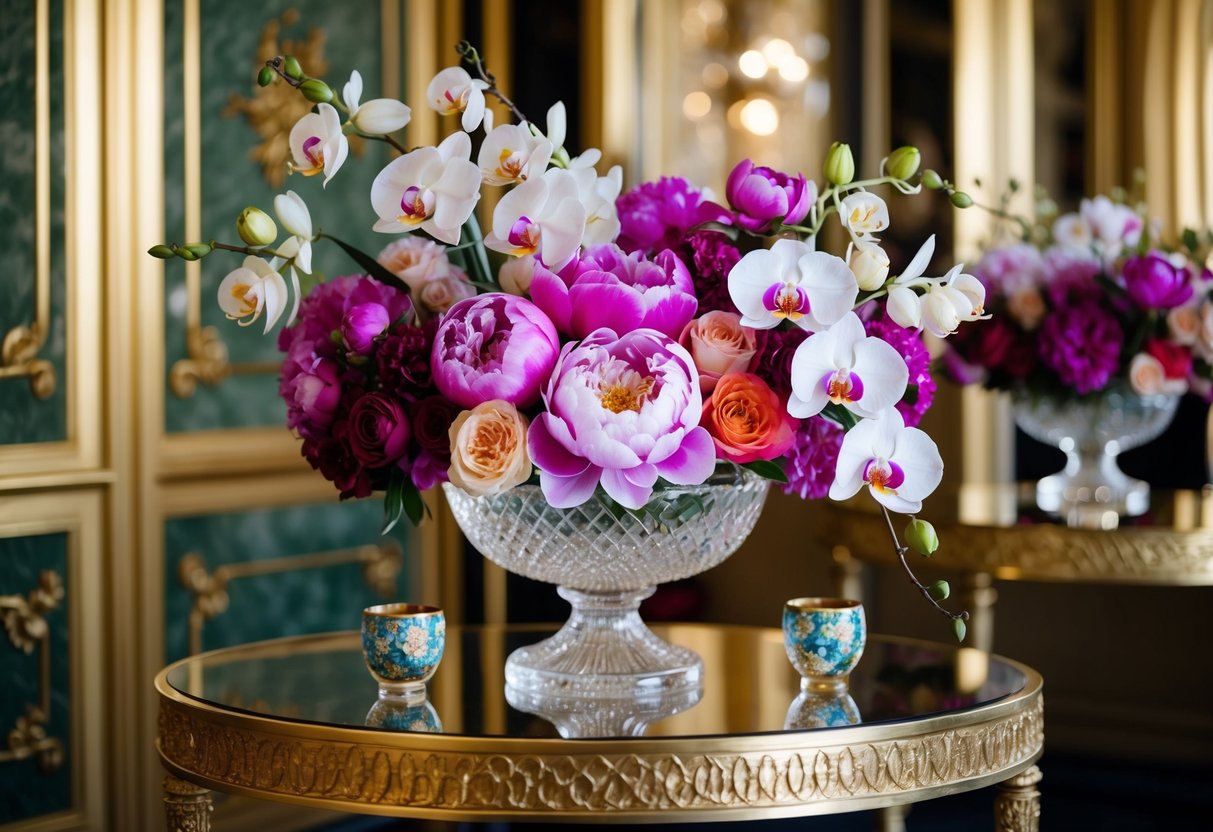 A lavish bouquet of rare and vibrant peonies, orchids, and roses displayed in an opulent crystal vase on a gilded table