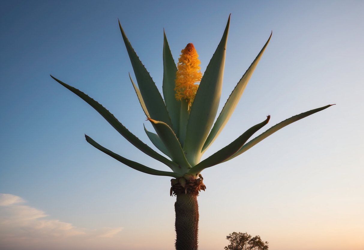 A lone, towering agave plant bursts into a magnificent bloom, its vibrant flowers reaching towards the sky before withering and wilting away