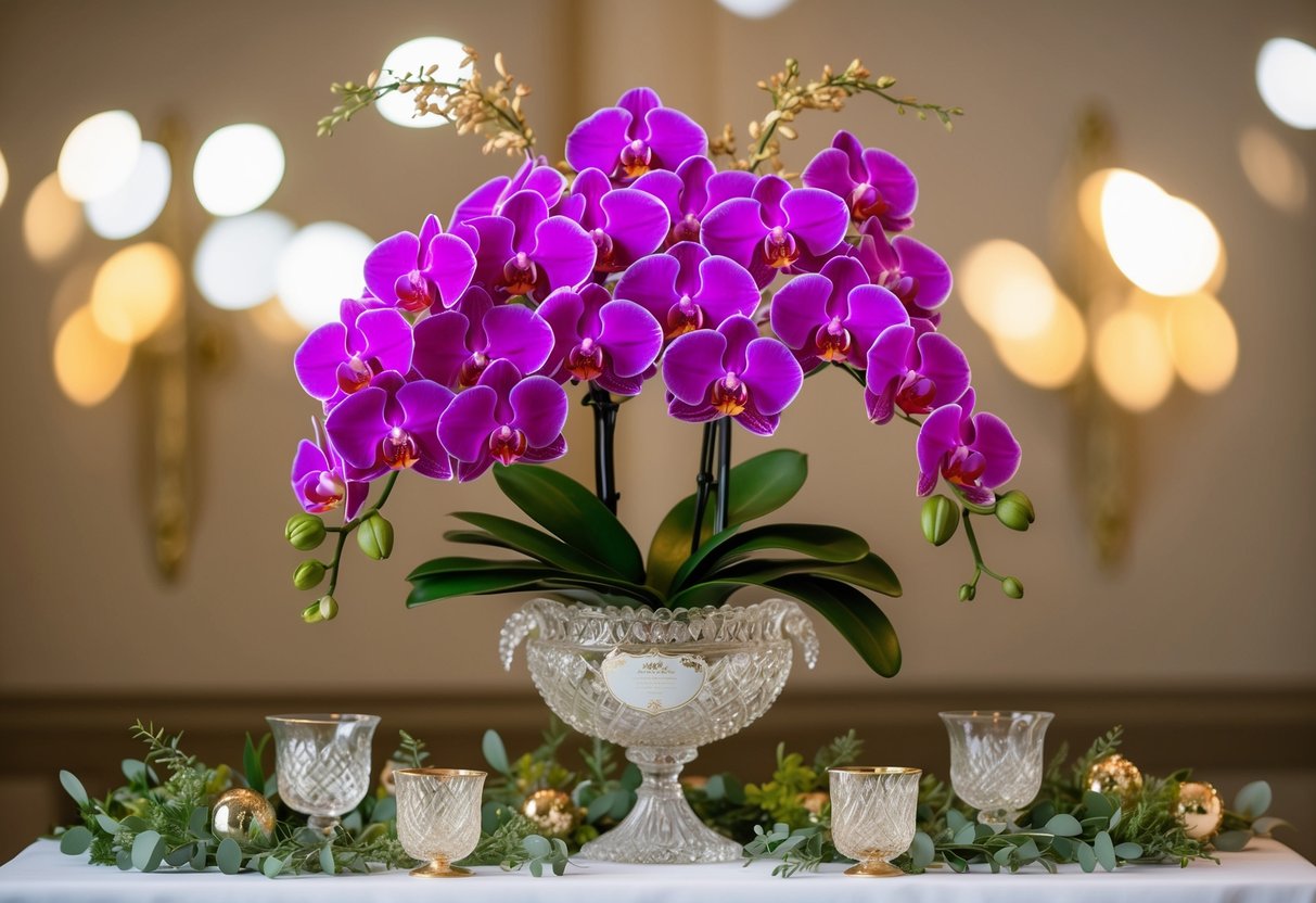 A luxurious bouquet of rare, vibrant orchids displayed in an ornate crystal vase, surrounded by delicate greenery and golden accents