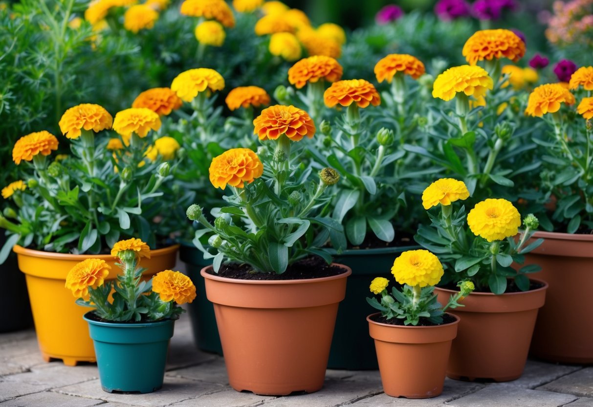 A variety of marigold plants thriving in various sized pots, showcasing their vibrant colors and healthy foliage