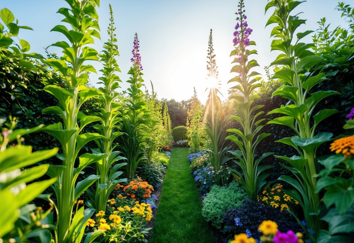 Lush garden with tall, vibrant plants reaching towards the sun, surrounded by a variety of colorful flowers and lush green foliage