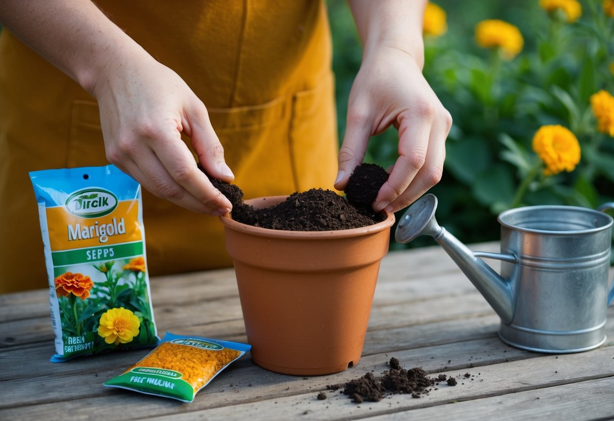 A pair of hands filling a terracotta pot with soil, while a packet of marigold seeds and a small watering can sit nearby