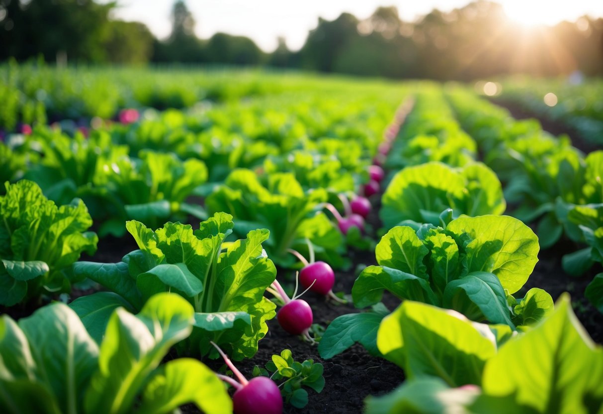 Lush green garden with rows of vibrant, fast-growing vegetables like lettuce, radishes, and spinach reaching towards the sun