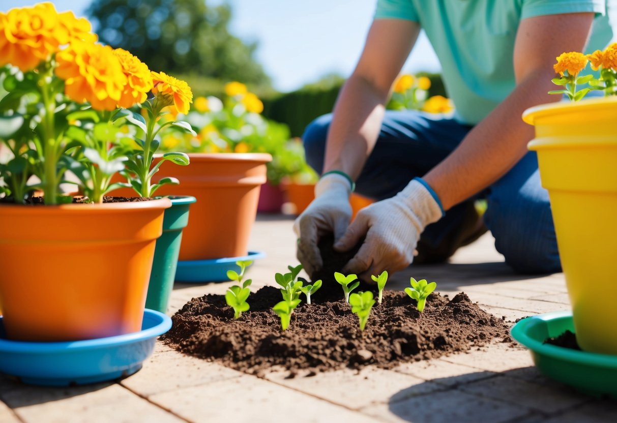 A sunny patio with colorful pots filled with soil, a gardener planting marigold seeds, and small green sprouts emerging from the soil