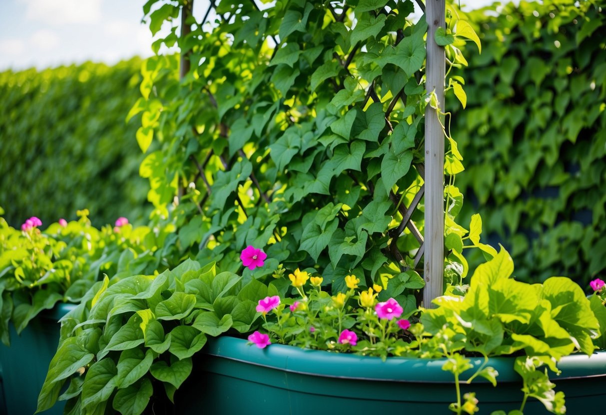 Lush green vines rapidly climbing a trellis, vibrant flowers blooming in abundance, and thick, leafy foliage spilling over the edges of a planter