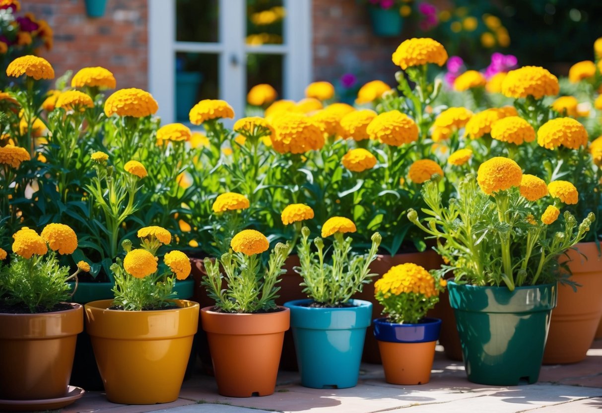 Lush marigold flowers thriving in various sized pots, basking in sunlight on a vibrant patio