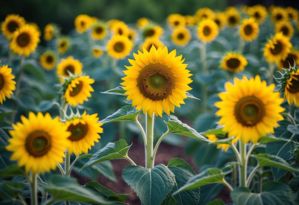 A single wilting sunflower surrounded by vibrant blooms, representing the struggle of depression amidst the potential for emotional healing through nature