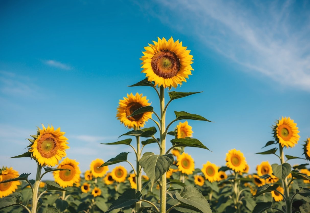 A field of vibrant sunflowers standing tall under a bright blue sky, evoking feelings of hope and positivity