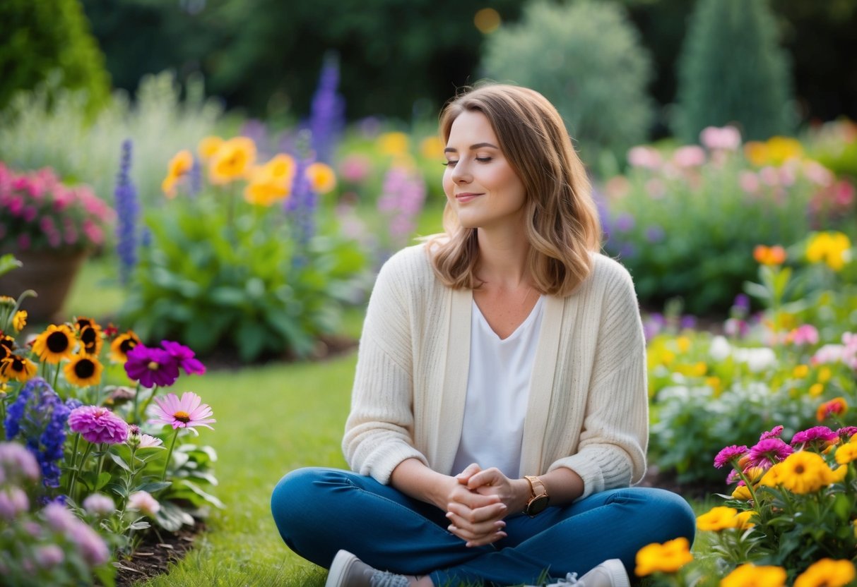 A person sitting in a peaceful garden surrounded by various colorful flowers, with a serene expression on their face as they take in the beauty of nature