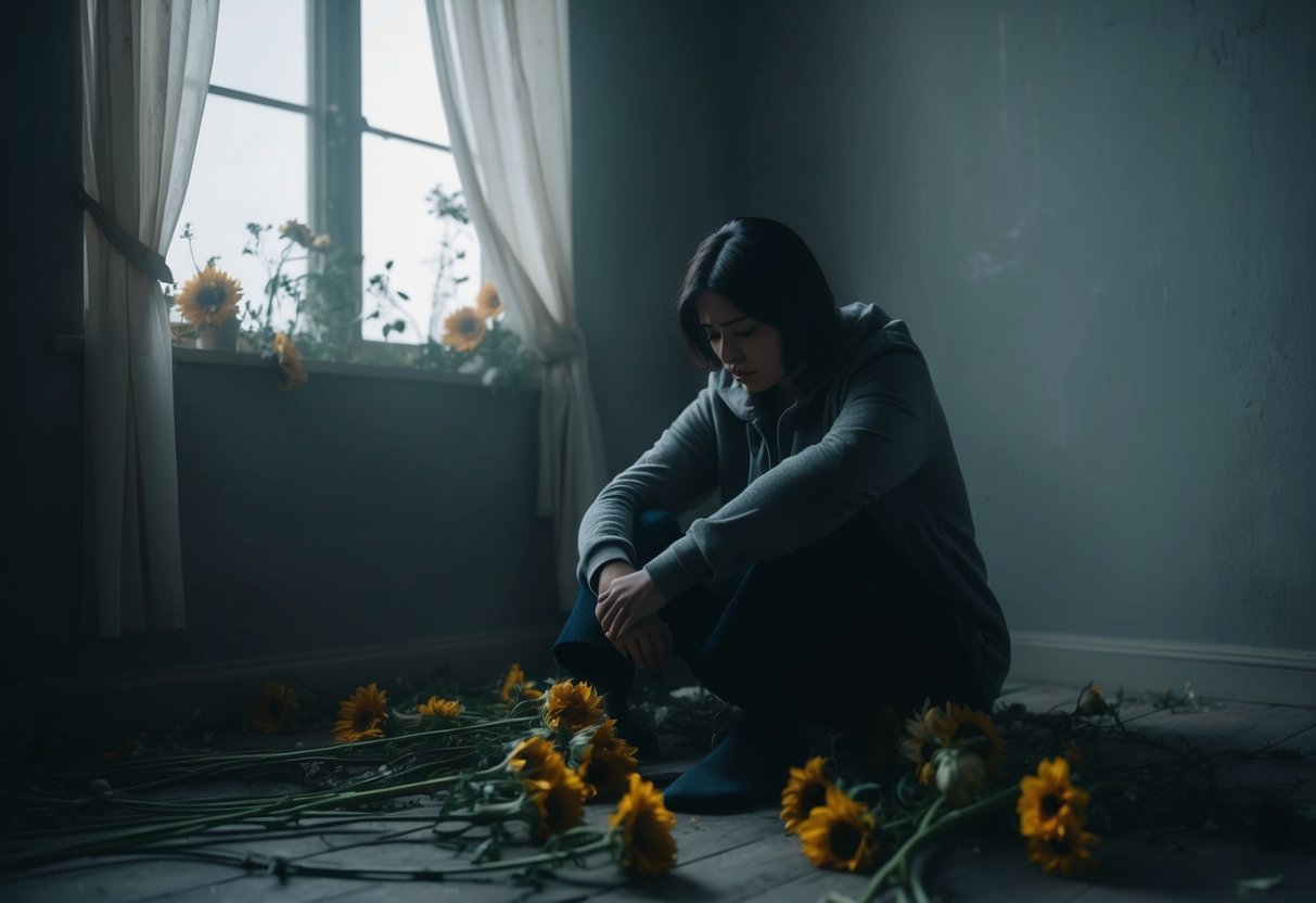 A person sitting in a dimly lit room, surrounded by wilting flowers. The atmosphere is heavy and somber, with a sense of hopelessness and despair