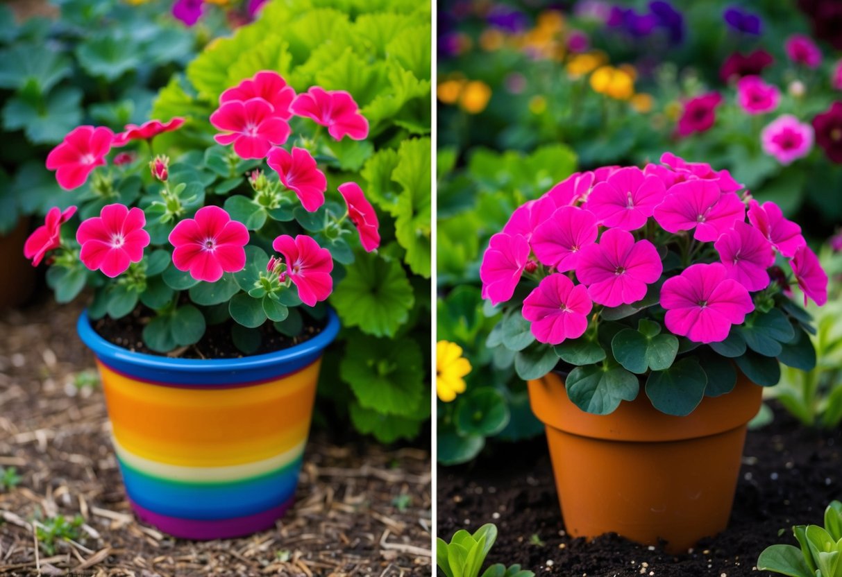 A vibrant geranium plant thrives in a colorful pot, while another flourishes in the rich soil of a garden bed. Both varieties display healthy, lush foliage and vibrant blooms