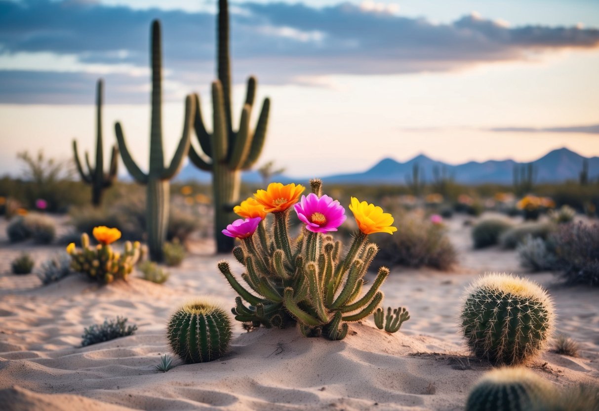 A desert landscape with colorful, drought-resistant flowers blooming amidst sandy terrain and cacti