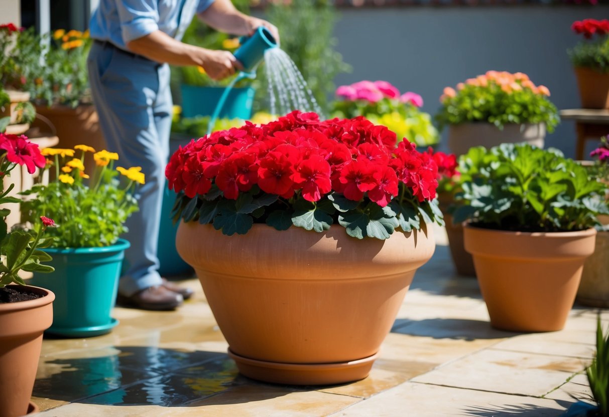 A vibrant geranium thrives in a large, well-maintained pot on a sunny patio, surrounded by other potted plants. A gardener waters and tends to the flowers with care