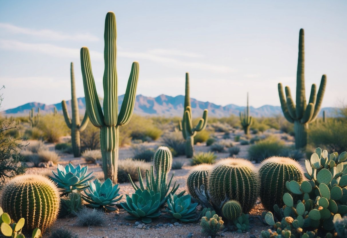 A desert landscape with cacti, succulents, and other low-water flowering plants thriving in the arid environment