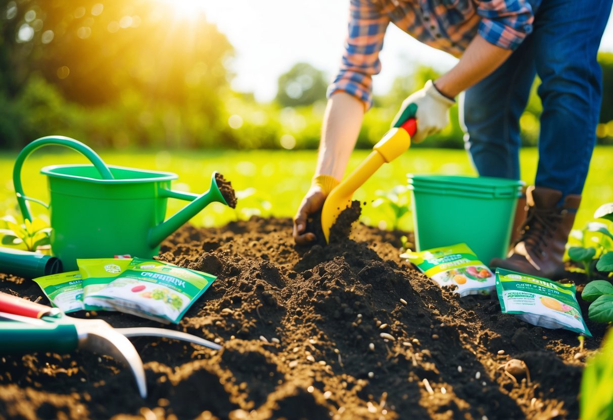 A sunny day with a gardener planting seeds in freshly tilled soil, surrounded by a variety of gardening tools and seed packets