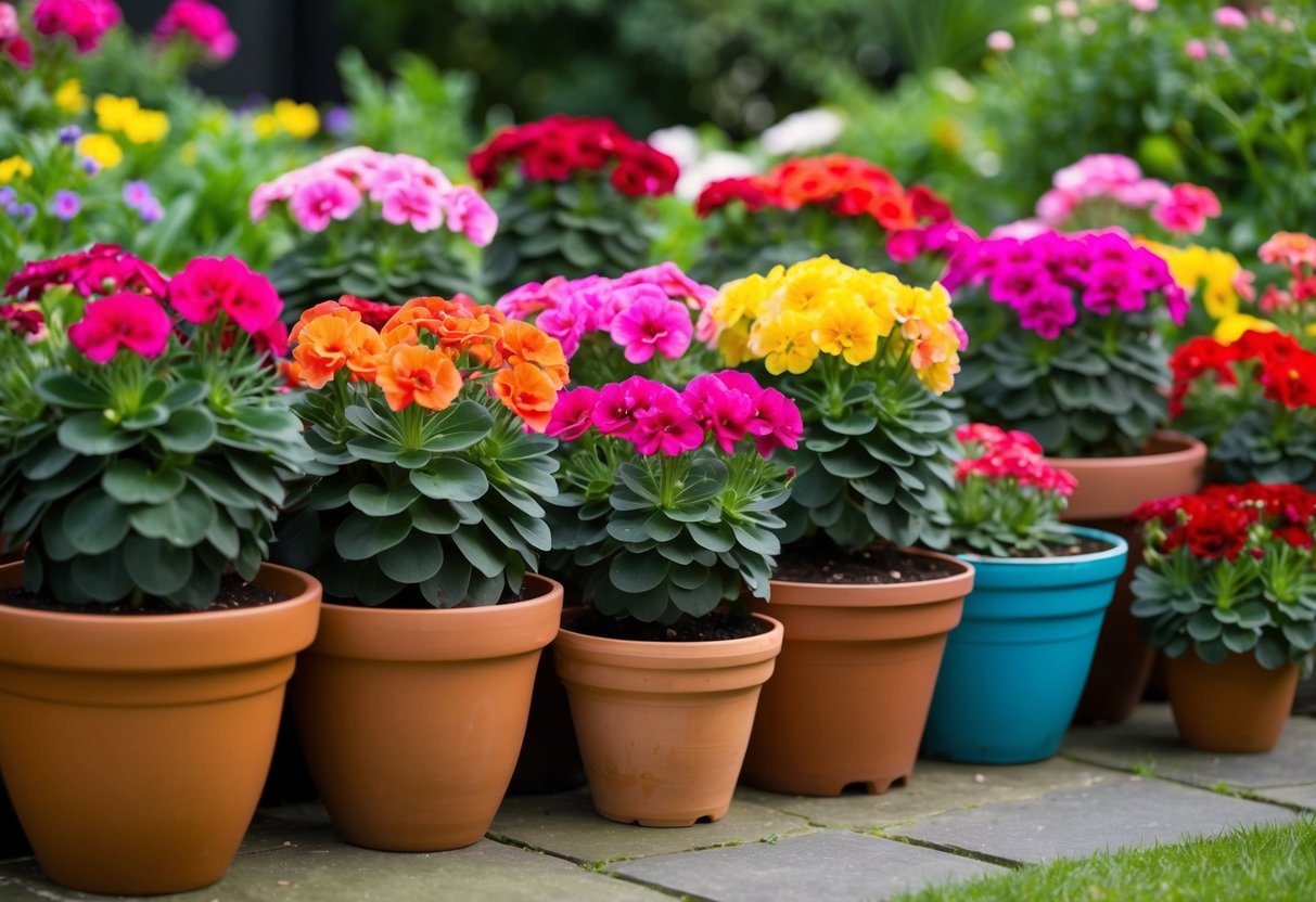 A colorful array of geraniums thriving in various-sized pots, surrounded by lush greenery and vibrant blooms in a well-tended garden setting